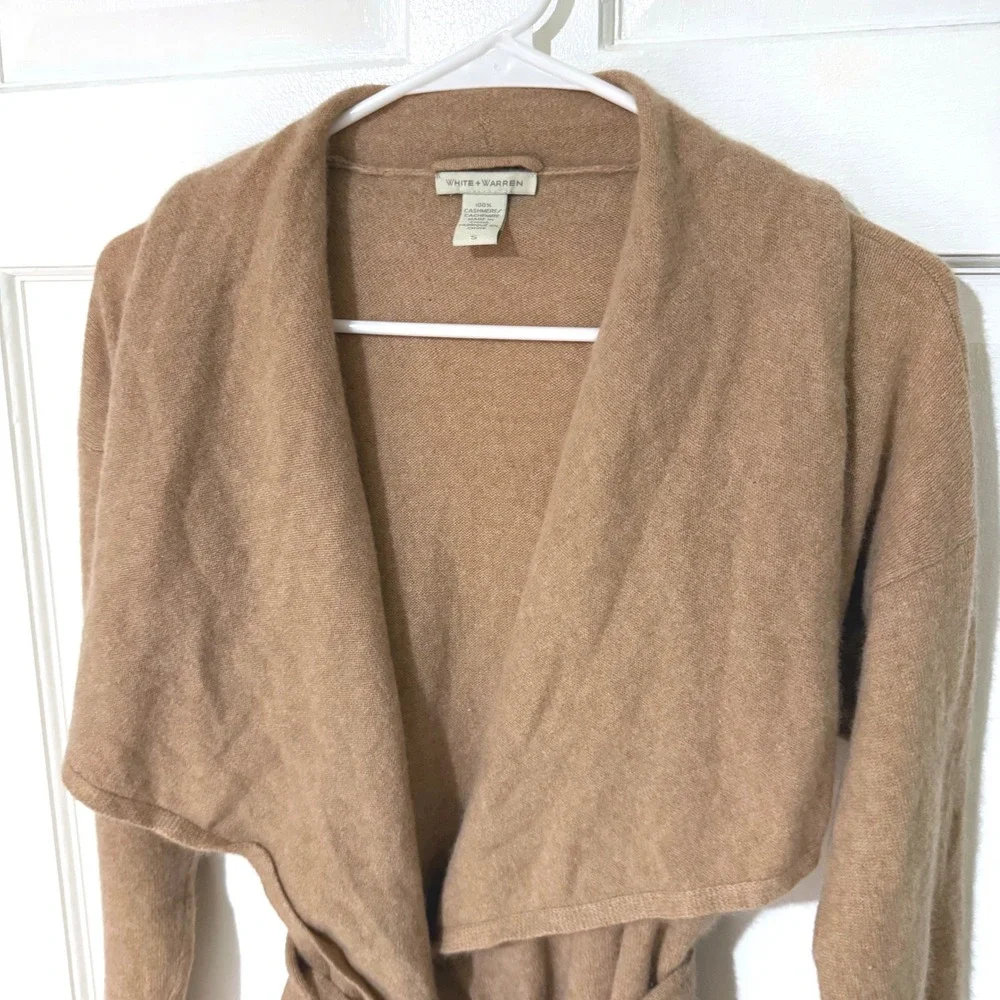 White + Warren 100% Cashmere Belted Wrap Cardigan Sweater Tan Camel Small